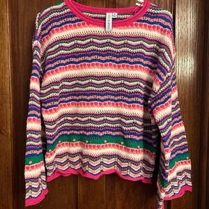 Grace & Karma Pink Rainbow Blocked Contrast Chunky Vibrant Stripe BohoSweater Sm